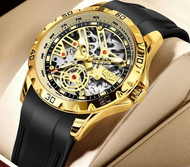 2025 New LIGE Top Brand Luxury Hollow Waterproof Tourbillon Mechanical Automatic Watch Men Silicone Skeleton Mens Watches + Box
