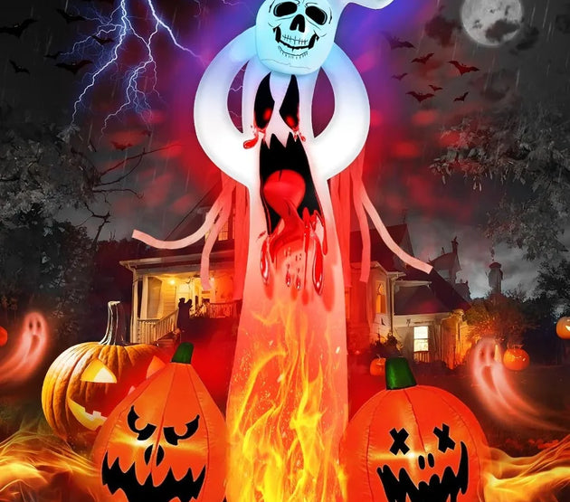 Halloween Inflatable Ghost Outdoor Decorations: 8 FT Scary Ghost with Pumpkin and 3D Tongue Halloween Decor with Buildin LEDs f