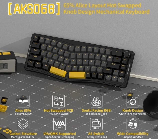MAMBASNAKE x ATTACK SHARK AKS068 Alice Layout Wired Mechanical Keyboard, Gasket Mount 68 Keys Ergonomic Gaming Keyboard USB-C