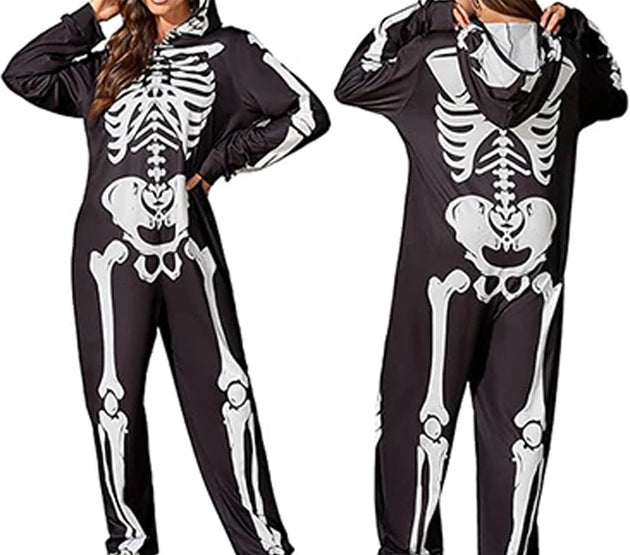 Adult Skeleton Onesie Costume, Black and White, Hooded Halloween Jumpsuit, Women Skull Bodysuits