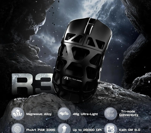 Attack Shark R3 Wireless Gaming Mouse,PAW3395 Up to 26K DPI 8KHz Return Rate,Magnesium Alloy 46G Ultralight Hollowed Design, Tri