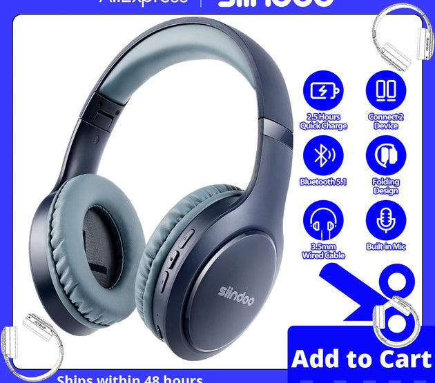 Siindoo Wireless Bluetooth Headphones Over Ear Headset Blue Foldable Stereo Earphones Super Bass Mic For Laptop PC TV