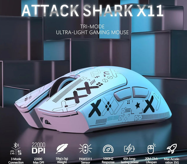 ATTACK SHARK X11 Wireless Gaming Mouse with RGB Magnetic Charging Dock, Wired/2.4G/BT, 22K DPI,Ultralight 59g Tri-Mode with Tape