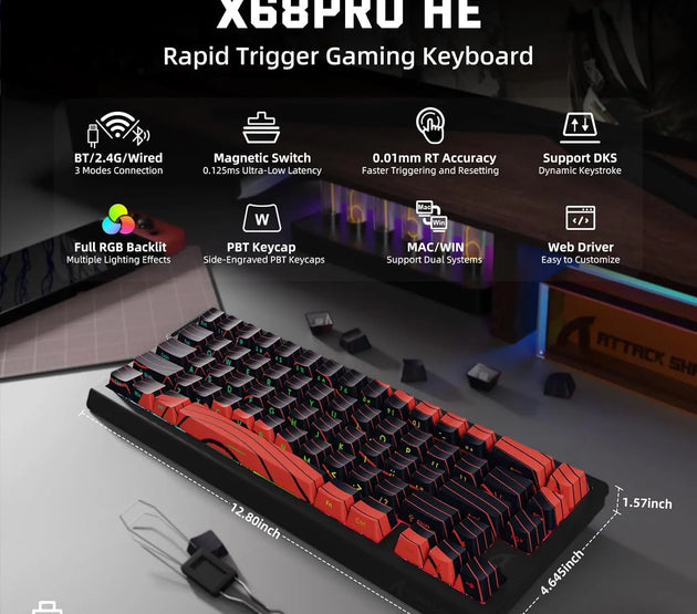 MAMBASNAKE x ATTACK SHARK X68 PRO HE Wireless Rapid Trigger Gaming Keyboard with Adjustable Actuation,8K Polling Rate