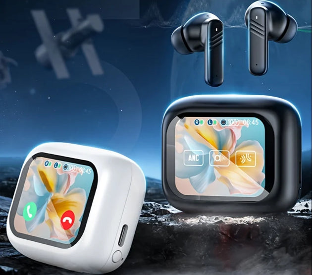 Active Noise Cancelling Earbuds ANC with Smart Touch Screen, TWS True Wireless Ear Buds Earphones for iPhone Android