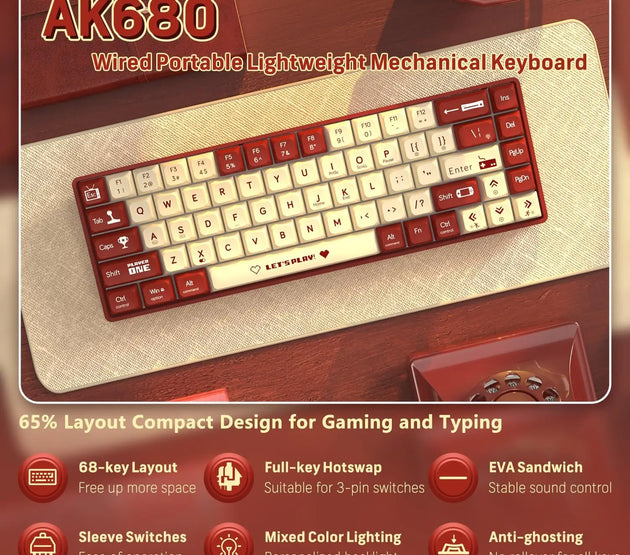 MAMBASNAKE x ATTACK SHARK AK680 65% Wired Mechanical Gaming Keyboard,Hot-Swappable,RGB Rainbow Backlit