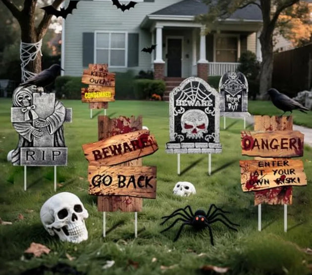 Halloween Decorations Outdoor 6 Pack Realistic Corrugated Plastic Tombstones and Scary Graveyard Signs with Stakes Statues Scar