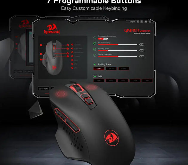 Redragon M656 Gainer Wireless Gaming Mouse, 4000 DPI 2.4Ghz Wireless Gamer Mouse w/ 5 DPI Levels, 7 Macro Buttons, Red LED Backl