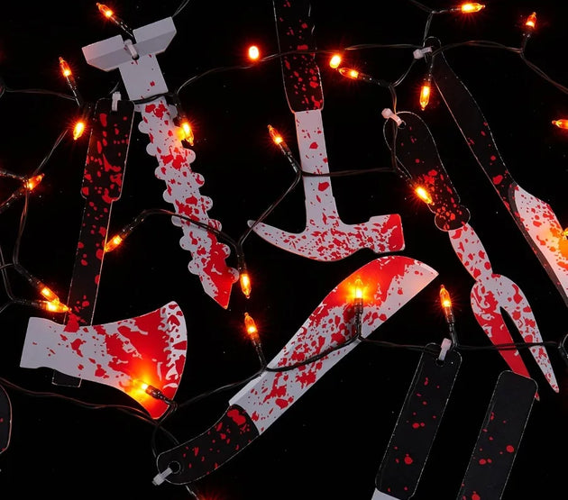 Scary Halloween Decorations Props 12 FT Halloween String Lights with 16 Fake Bloody Knives 50 LED Orange Big Bulbs 8 Modes Batt