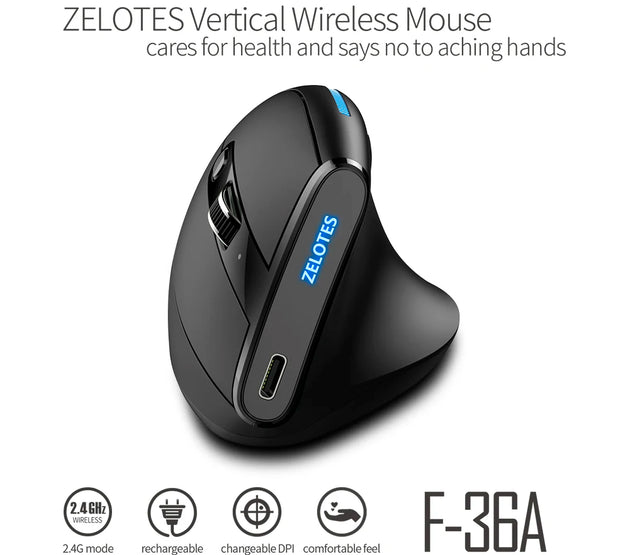 ZELOTES F-36A 2.4G Wireless Mouse 2400 DPI Adjustable Optical Vertical Mouse 6 Buttons for Computer Laptop Desktop