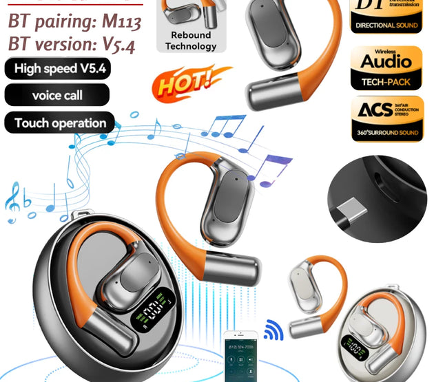 Wireless Earbuds with Earhooks Built-in Mic BT 5.4 M113 Waterproof Headphones Ear Buds for Sports Running Workout Gym