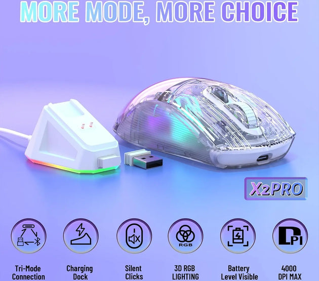 ATTACK SHARK X2Pro Wireless Gaming Mouse with RGB Charging Dock,Tri-Mode Mute Mouse RGB Backlit,Transparent Shell,PixArt 3212