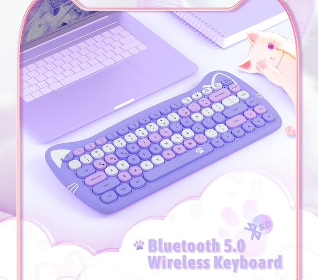 3060i 84-Key Cute Bluetooth Keyboard, Portable Thin Wireless Keyboard with Colorful Round Keycap/Kawaii Cat Ears Design