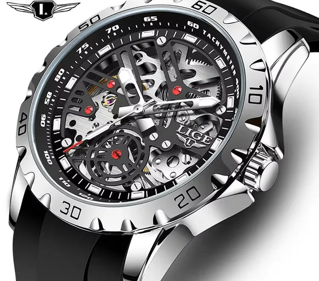 LIGE Luxury Men Watches Automatic Mechanical Wristwatch Skeleton Design Waterproof Silicone Strap Male Watch Reloj Hombre+Box