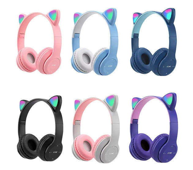 Wireless Headphones Cat Ear Gaming Headset Glow Light Bluetooth-Compatible Helmets Cute Over-Ear Headsets for Kids and Adult