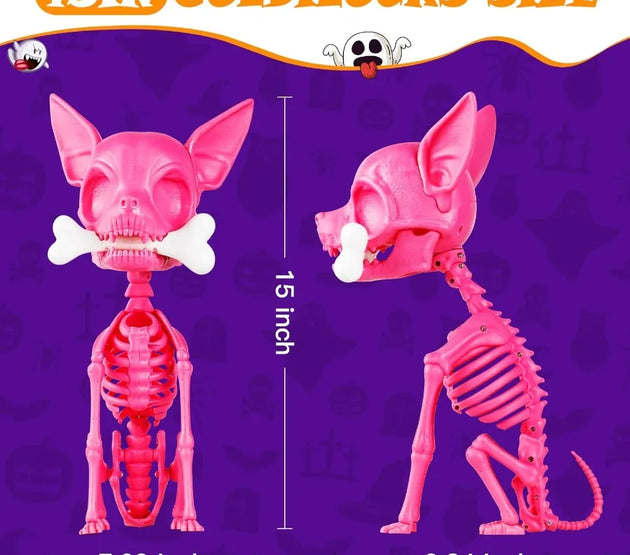 Halloween Skeleton Dog Decor 15inch Pink Cute Puppy Bones Realistic ABS Animal Skeleton for Outdoor Indoor Graveyard Party Disp