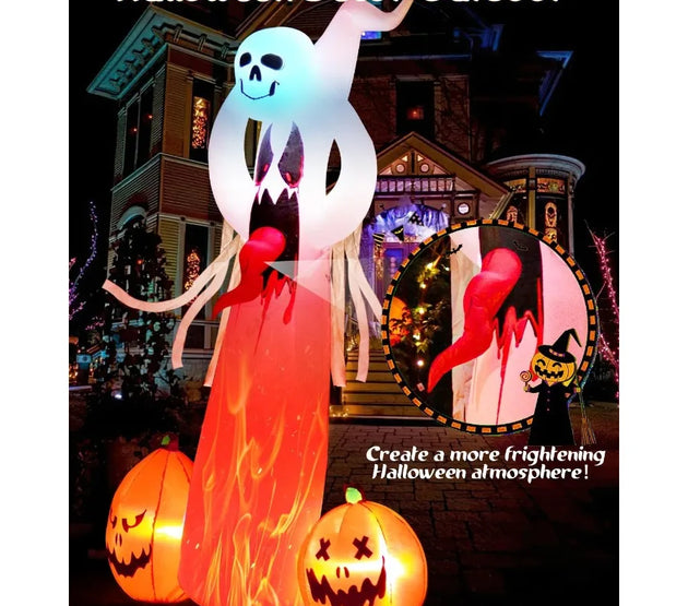 Halloween Inflatable Ghost Outdoor Decorations: 8 FT Scary Ghost with Pumpkin and 3D Tongue Halloween Decor with Buildin LEDs f