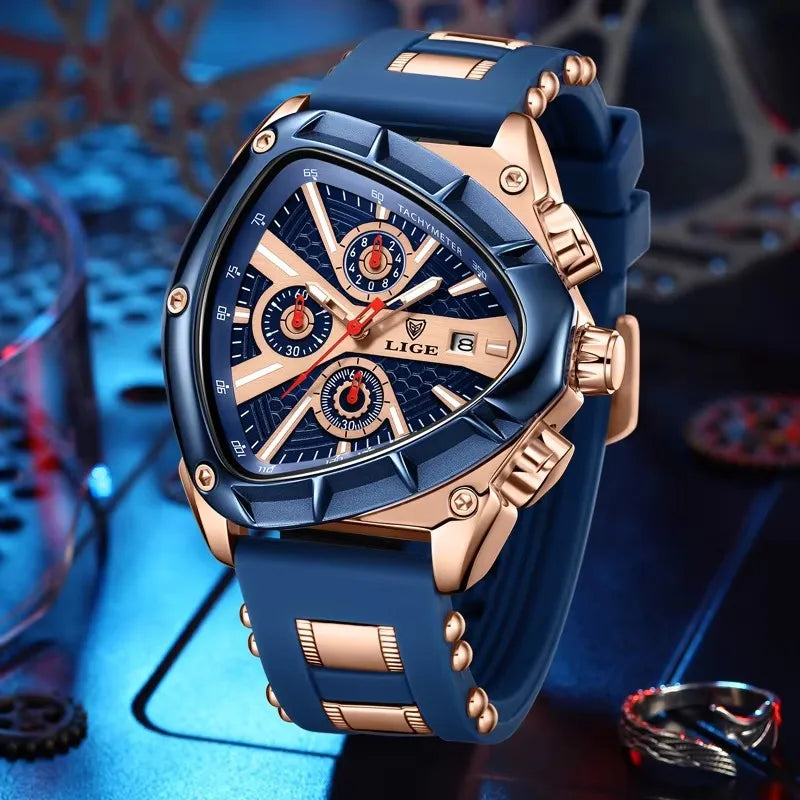LIGE Fashion Men Watch Triangle Chronograph Military Wristwatch Sport Army Mens Watches Luxury Waterproof Quartz Clock Man Reloj
