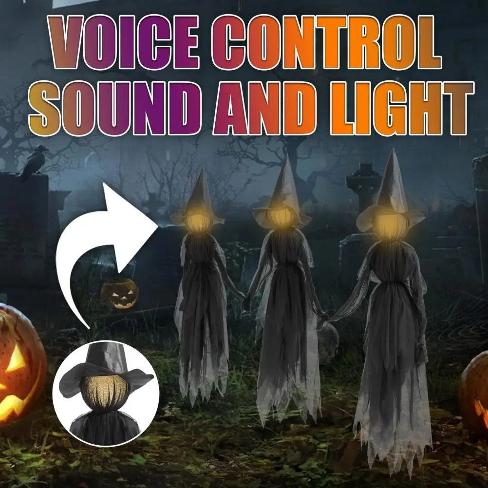Halloween Creepy Witch Wizard with 7 Colors LED Lights Holding Hands Screaming Witches with Sound Activated Sensor Halloween Out