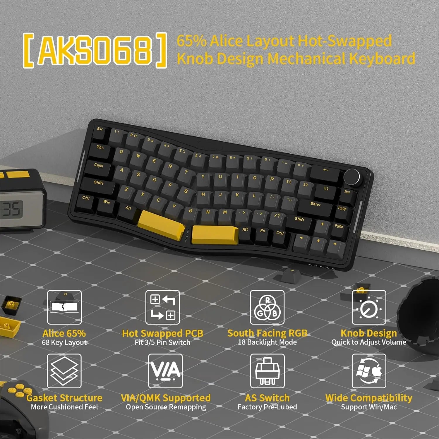 MAMBASNAKE x ATTACK SHARK AKS068 Alice Layout Wired Mechanical Keyboard, Gasket Mount 68 Keys Ergonomic Gaming Keyboard USB-C