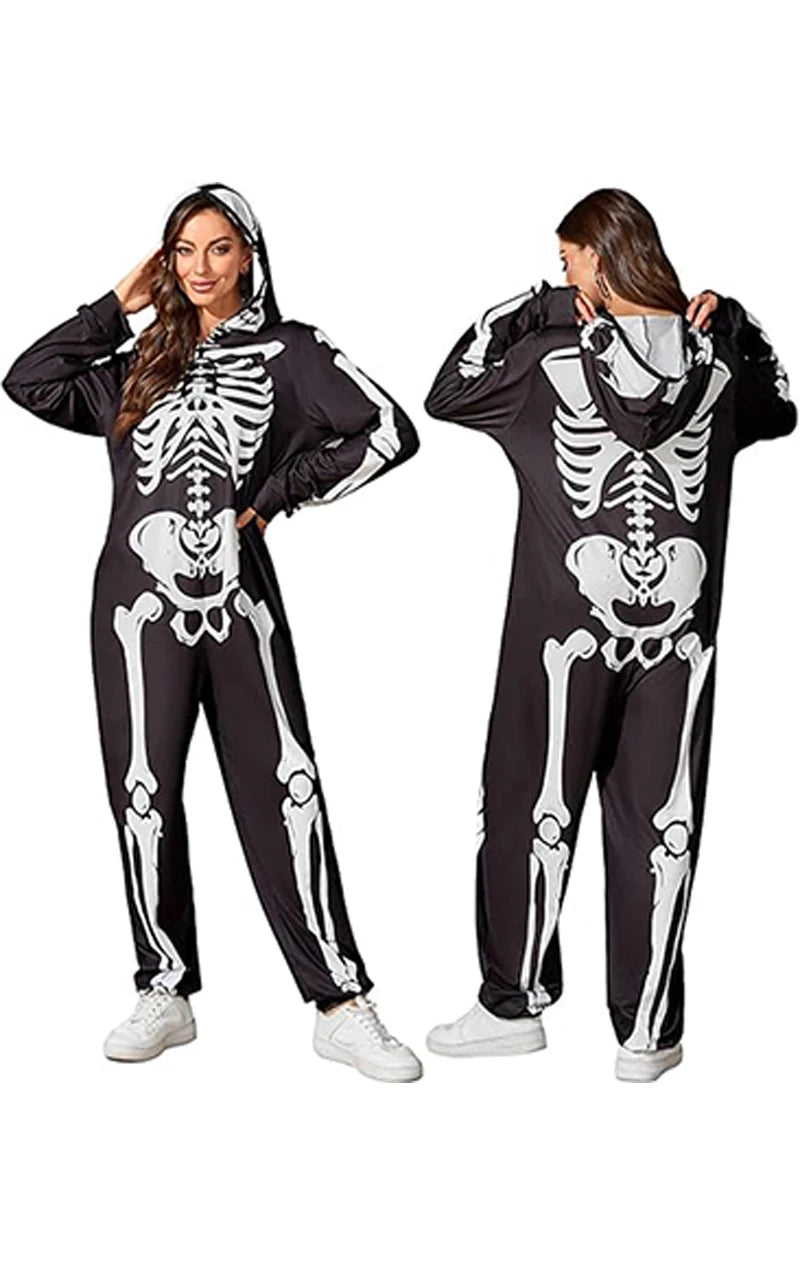 Adult Skeleton Onesie Costume, Black and White, Hooded Halloween Jumpsuit, Women Skull Bodysuits