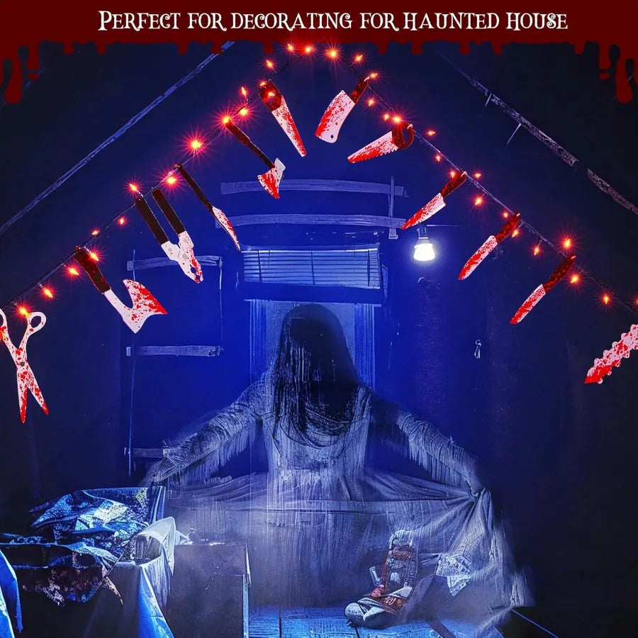 Scary Halloween Decorations Props 12 FT Halloween String Lights with 16 Fake Bloody Knives 50 LED Orange Big Bulbs 8 Modes Batt
