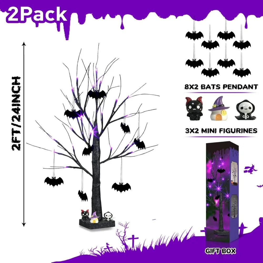 Halloween Decorations, 2FT Black Halloween Tree with 24 Purple Lights and 8 Bat Ornaments, Light up Halloween Decorations with