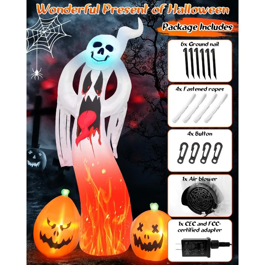 Halloween Inflatable Ghost Outdoor Decorations: 8 FT Scary Ghost with Pumpkin and 3D Tongue Halloween Decor with Buildin LEDs f