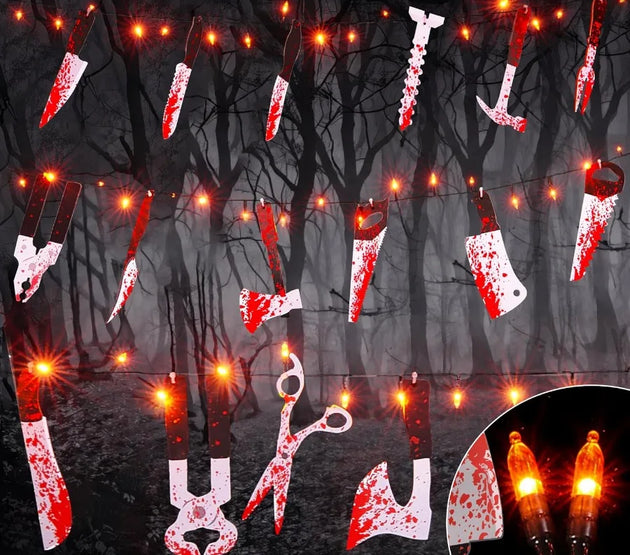 Scary Halloween Decorations Props 12 FT Halloween String Lights with 16 Fake Bloody Knives 50 LED Orange Big Bulbs 8 Modes Batt