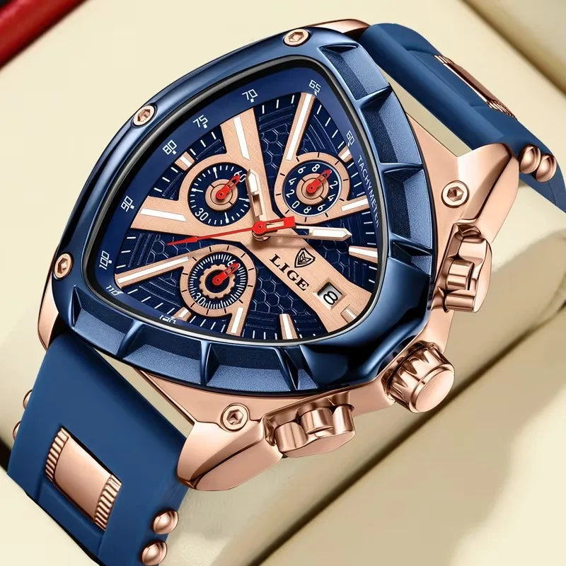 LIGE Fashion Men Watch Triangle Chronograph Military Wristwatch Sport Army Mens Watches Luxury Waterproof Quartz Clock Man Reloj