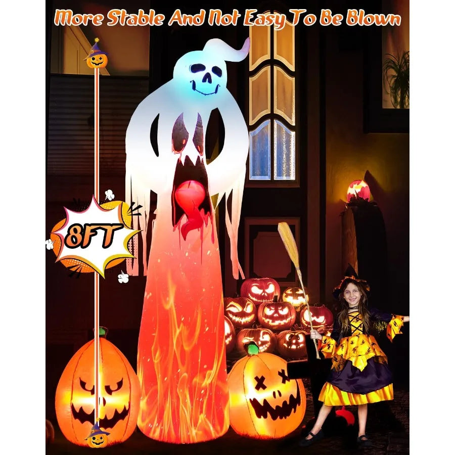 Halloween Inflatable Ghost Outdoor Decorations: 8 FT Scary Ghost with Pumpkin and 3D Tongue Halloween Decor with Buildin LEDs f