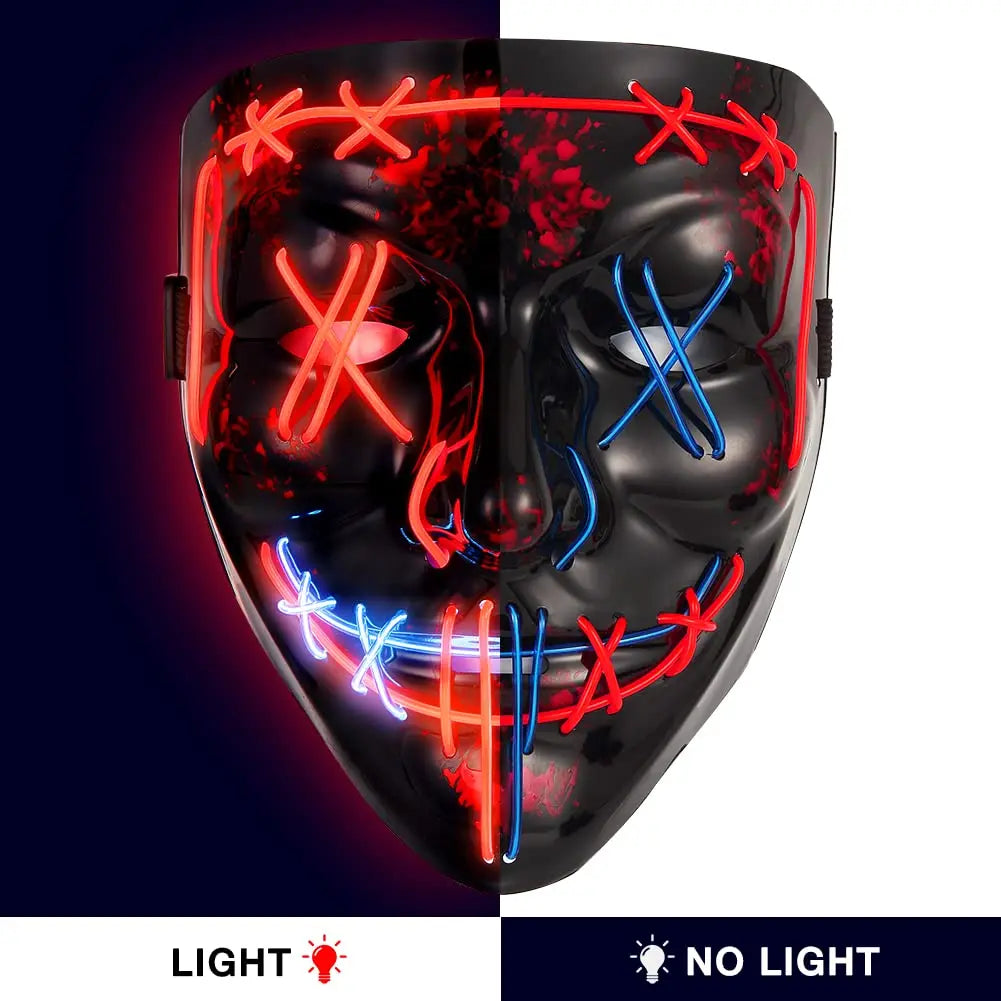 Halloween V-Shaped Glowing Mask - Harmless Material, Easy to Use, Multi-Festival, 3 Lighting Modes, Red & Blue