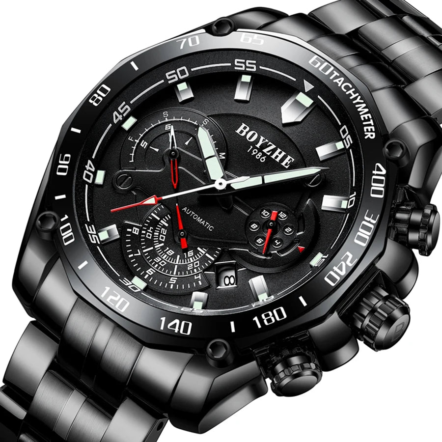 BOYZHE men's watches: Fully automatic mechanical watches, multi-functional men's watches, transparent case back men's mechanical
