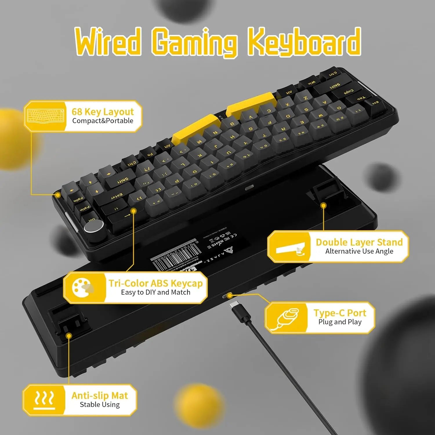 MAMBASNAKE x ATTACK SHARK AKS068 Alice Layout Wired Mechanical Keyboard, Gasket Mount 68 Keys Ergonomic Gaming Keyboard USB-C