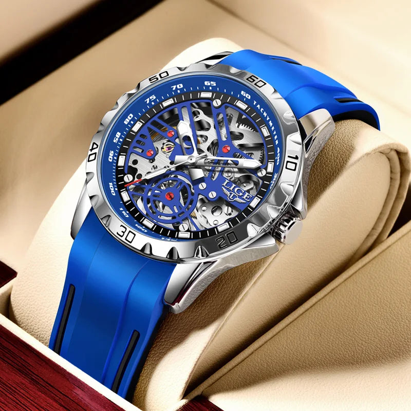LIGE Luxury Men Watches Automatic Mechanical Wristwatch Skeleton Design Waterproof Silicone Strap Male Watch Reloj Hombre+Box
