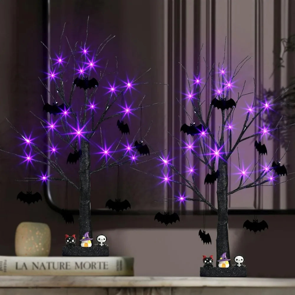 Halloween Decorations, 2FT Black Halloween Tree with 24 Purple Lights and 8 Bat Ornaments, Light up Halloween Decorations with