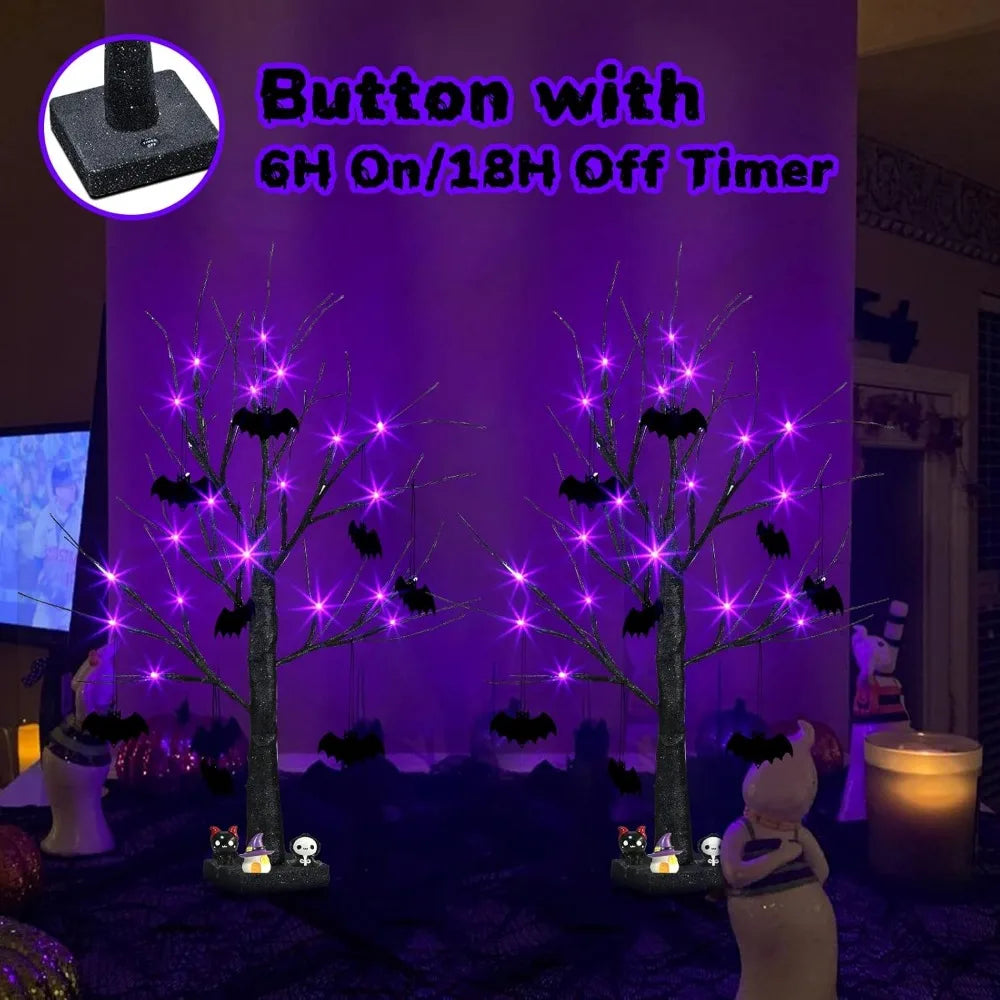 Halloween Decorations, 2FT Black Halloween Tree with 24 Purple Lights and 8 Bat Ornaments, Light up Halloween Decorations with