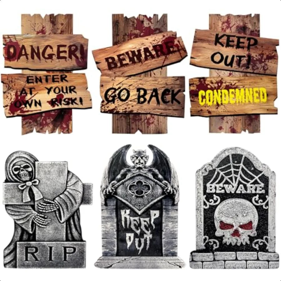 Halloween Decorations Outdoor 6 Pack Realistic Corrugated Plastic Tombstones and Scary Graveyard Signs with Stakes Statues Scar