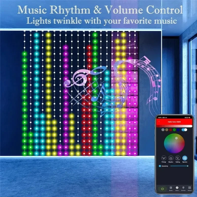 400LEDs Smart LED Curtain Lights USB Dynamic Pattern DIY Curtain String Light with App Remote for Christmas Halloween 2*2m/3*3m