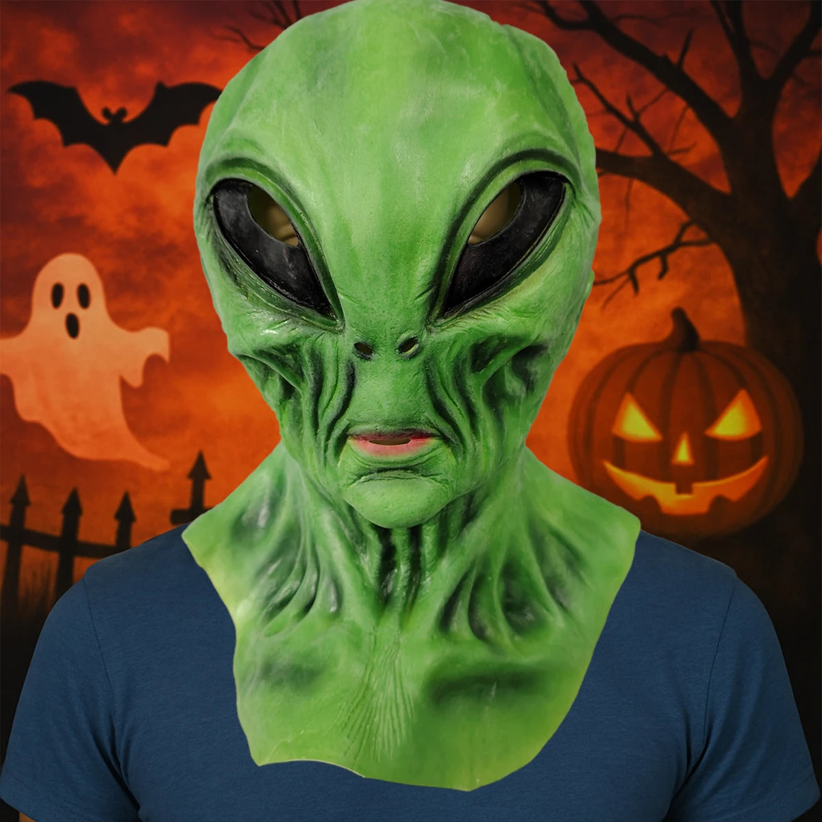 Green alien latex mask, Halloween party role play, scary and creative alien headgear, escape room haunted house COSPLAY props