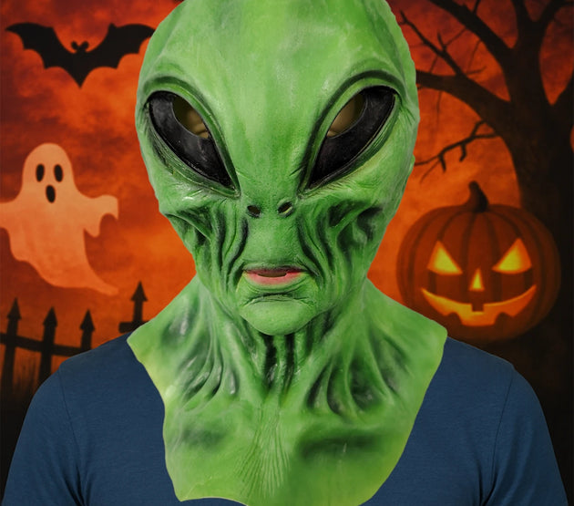 Green alien latex mask, Halloween party role play, scary and creative alien headgear, escape room haunted house COSPLAY props