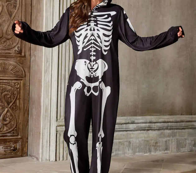 Adult Skeleton Onesie Costume, Black and White, Hooded Halloween Jumpsuit, Women Skull Bodysuits