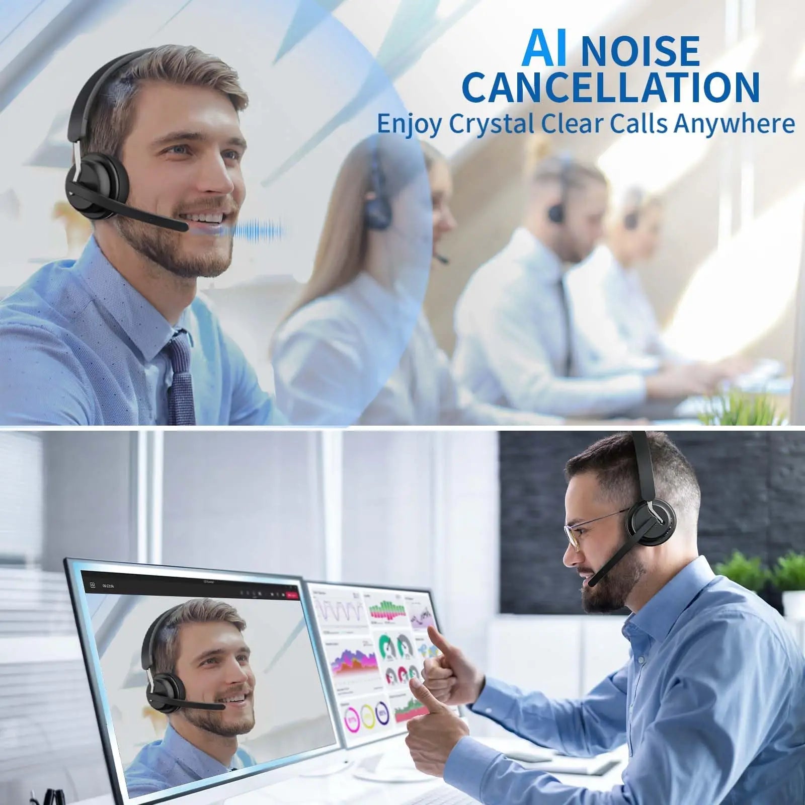 EH11 Wireless Headset Work Bluetooth 5.3 Headset AI Noise Cancelling Mic Call Reminder Wireless Headphone with Voice Assistant