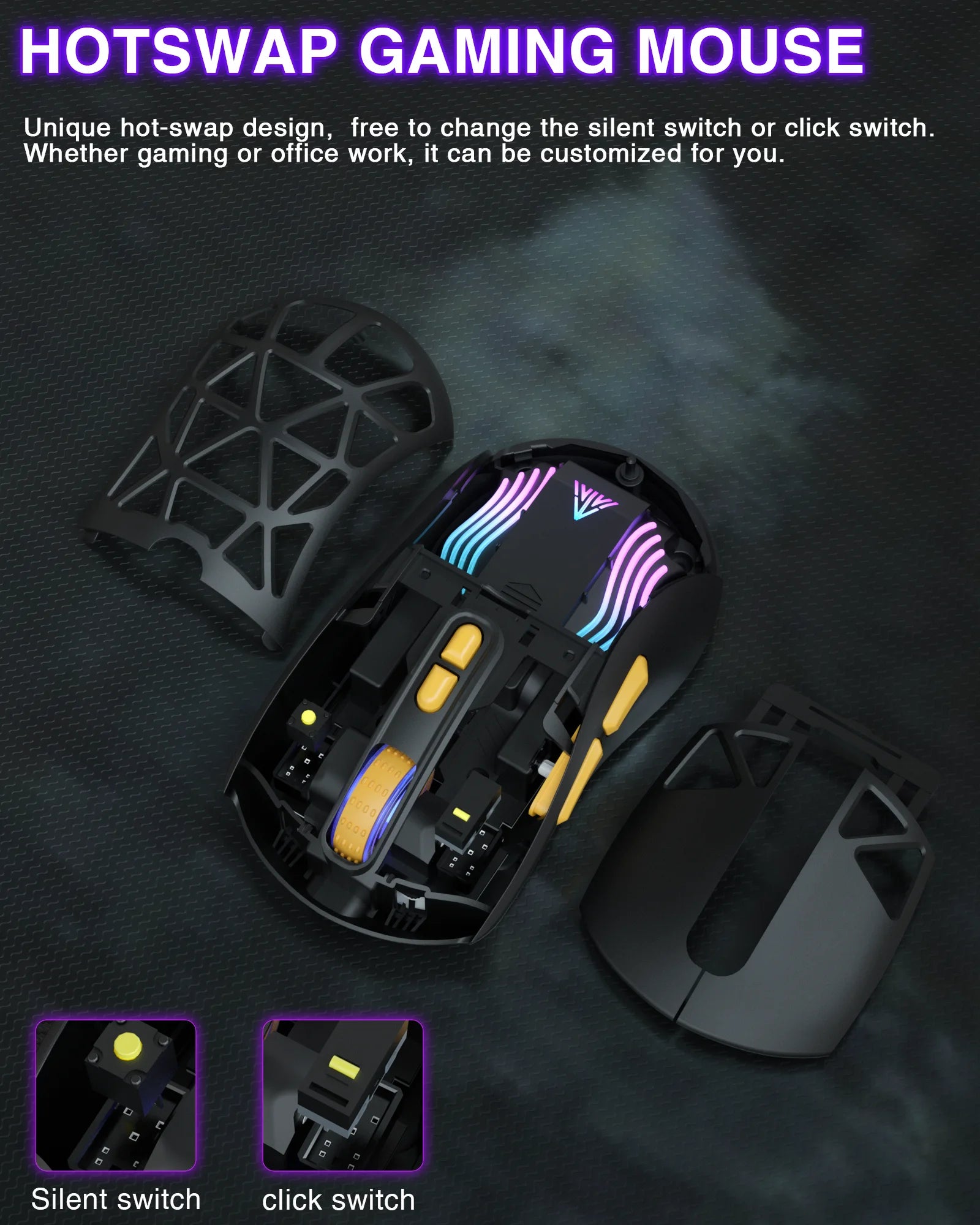 SOLAKAK SM802 Tri-modes Gaming Mouse Replaceable Shell Macros, 6-adjustable DPI, 600mah, RGB, lightweight