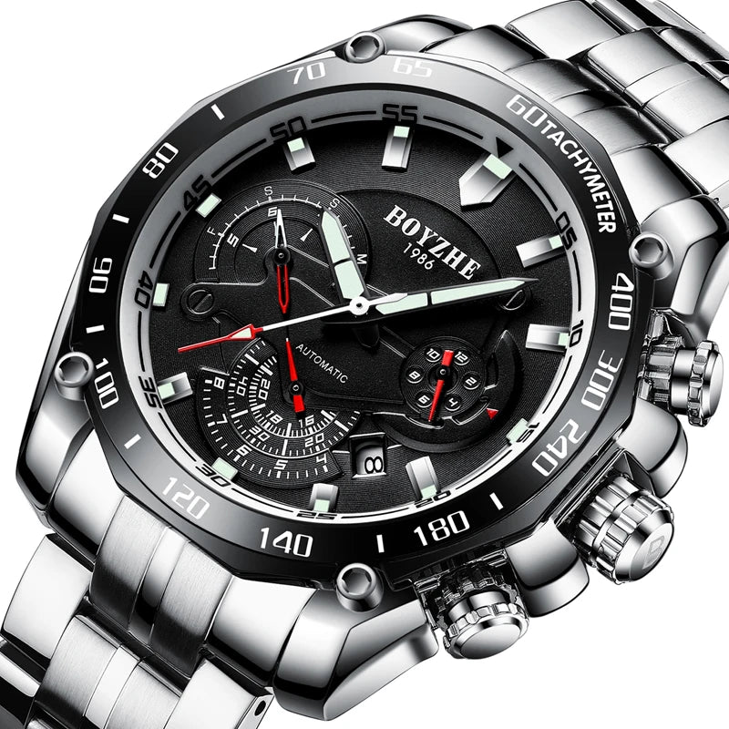 BOYZHE men's watches: Fully automatic mechanical watches, multi-functional men's watches, transparent case back men's mechanical
