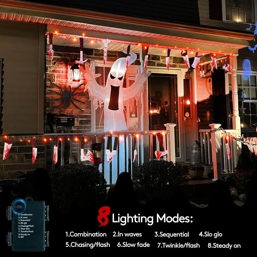Scary Halloween Decorations Props 12 FT Halloween String Lights with 16 Fake Bloody Knives 50 LED Orange Big Bulbs 8 Modes Batt