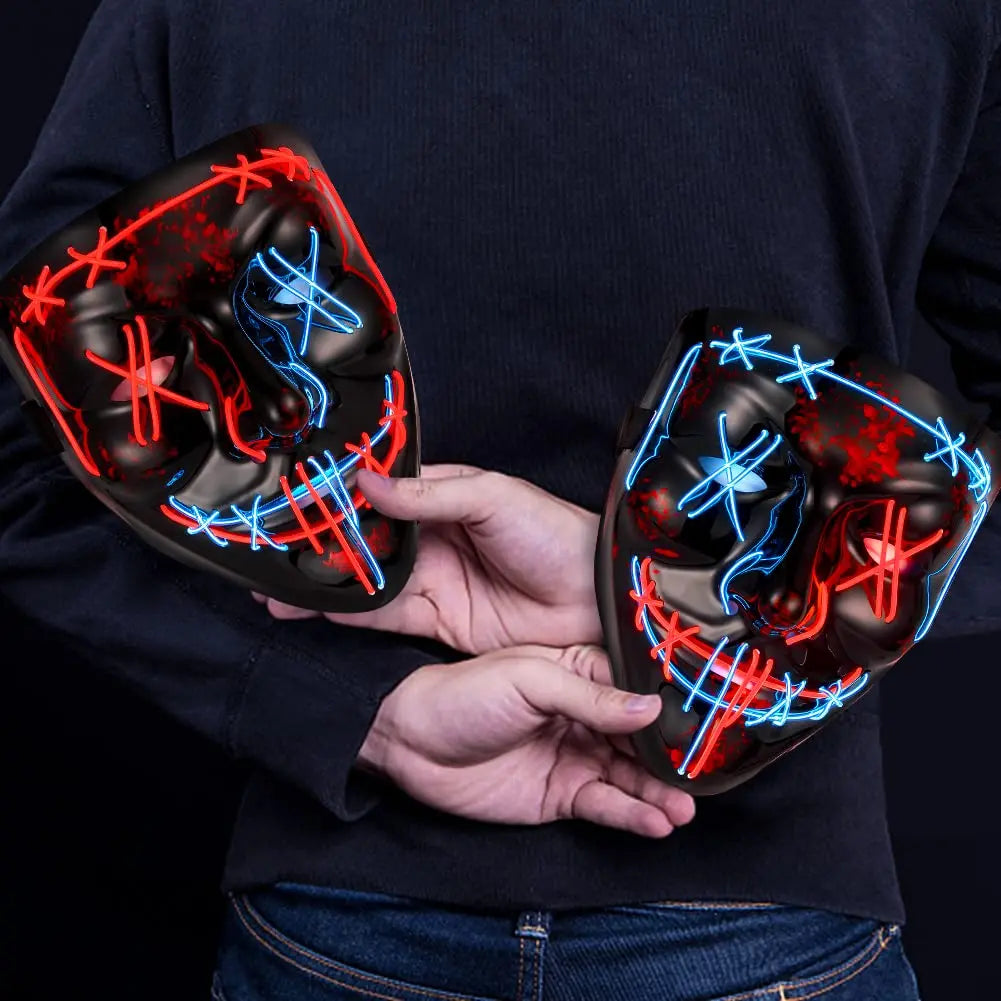 Halloween V-Shaped Glowing Mask - Harmless Material, Easy to Use, Multi-Festival, 3 Lighting Modes, Red & Blue