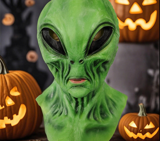 Green alien latex mask, Halloween party role play, scary and creative alien headgear, escape room haunted house COSPLAY props