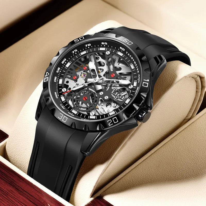 2025 New LIGE Top Brand Luxury Hollow Waterproof Tourbillon Mechanical Automatic Watch Men Silicone Skeleton Mens Watches + Box