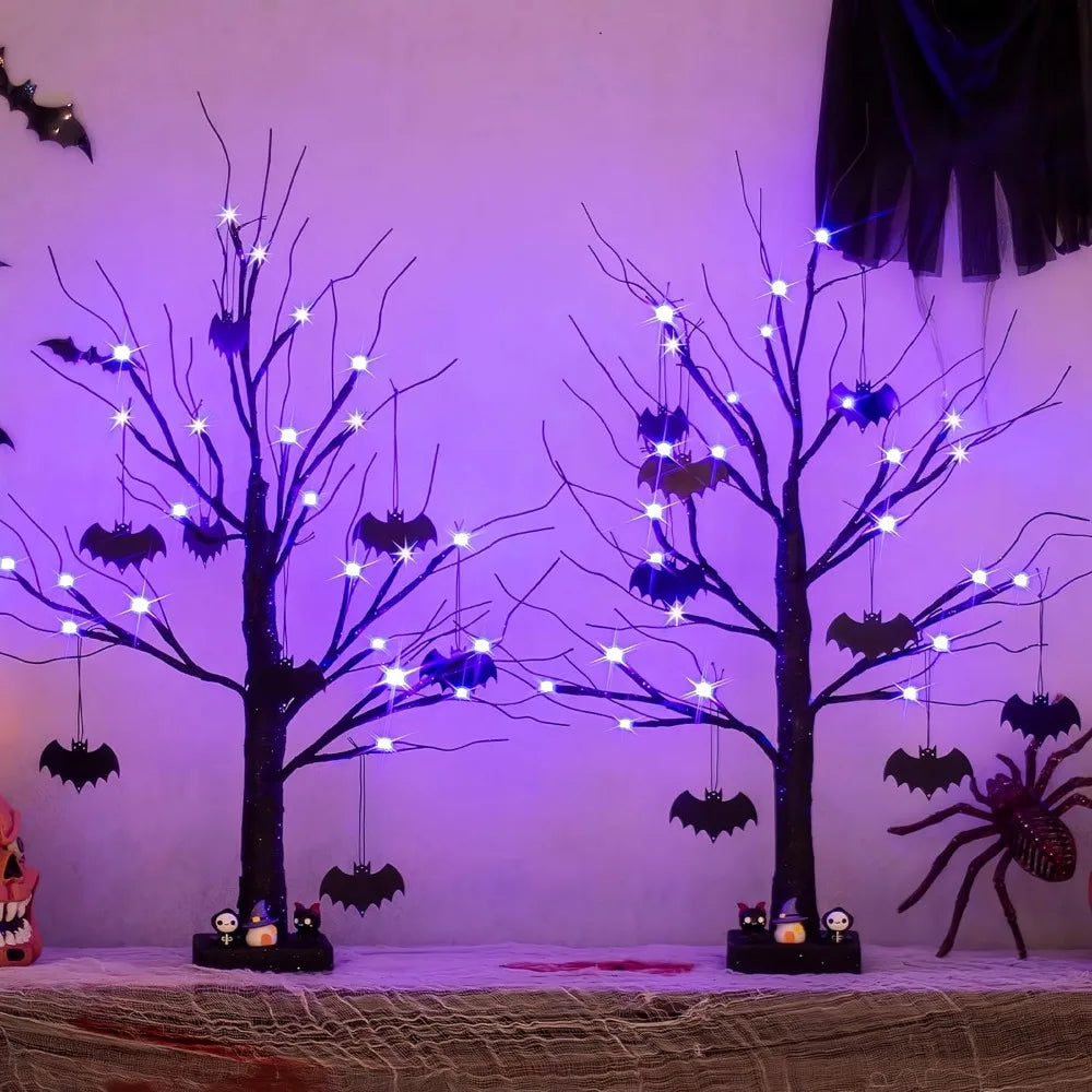 Halloween Decorations, 2FT Black Halloween Tree with 24 Purple Lights and 8 Bat Ornaments, Light up Halloween Decorations with